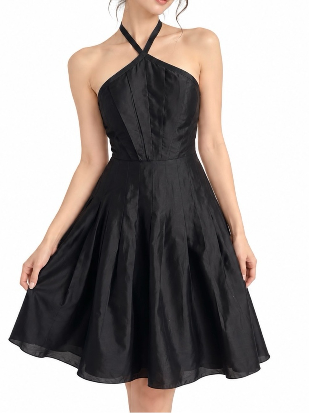 Kay Unger Black Silk Halter Dress Pleated Fit & Flare Y2K Small